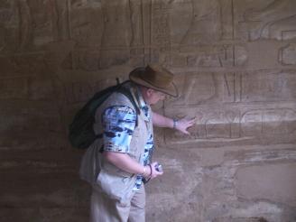 Eddie inspecting some hieroglyphs at Karnak