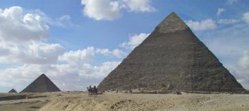 Menkaure's Pyramid (left) and Khafre's Pyramid (with remaining casing stones at the summit)
